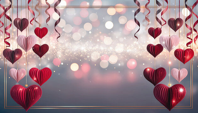 Romantic Valentine's Day background with hanging heart decorations and firefly lights