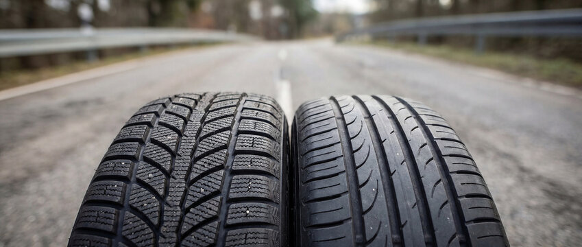 Fototapeta Winter and Summer Tires on Road Surface