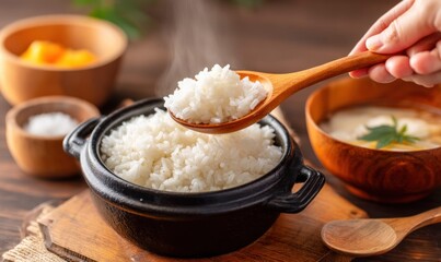 Steaming white rice being served from a wooden spoon, a delicious meal.