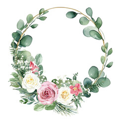 Watercolor flower wreath with gold circle frame.