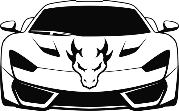 Sports car front view with dragon head decal sticker outline vector graphic