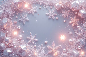 Winter Design Backdrop: Glistening Faceted Crystal Gems, Snowflakes, Luminous Pearls and Soft Glowing Lights on Silvery Background for New Year Invitations Illustration