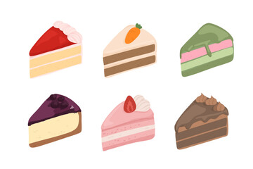Set of six assorted cake slices illustration cute dessert bakery.