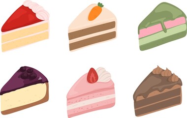 Set of six assorted cake slices illustration cute dessert bakery.