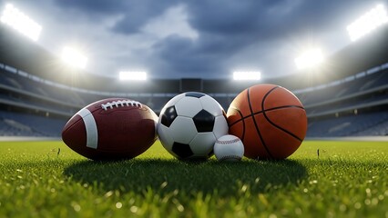 American football, soccer ball, basketball, and baseball on a green stadium grass under bright lights