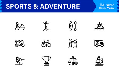 Sports And Adventure Activity Line Icon Set – Professional, Modern, Minimal, And Pixel Perfect Outline Symbols
