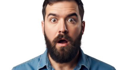 Man with beard looking surprised isolated on transparent background