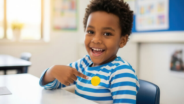 Child smiling with reward sticker in classroom, education success and positive reinforcement