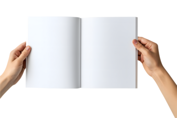Male hands holding an open blank book or brochure, isolated on a white background