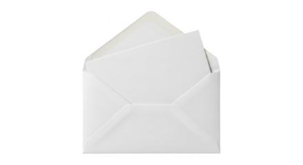Open white blank envelope containing simple paper sheet isolated on transparent background ready for invitation or correspondence
