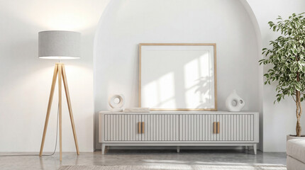 Modern living room with tripod floor lamp, white sideboard, and blank picture frame