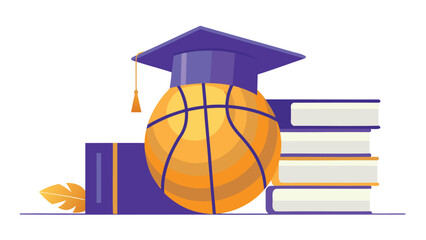 A purple graduation cap sits atop an orange basketball surrounded by stacked books on a white background with a yellow leaf
