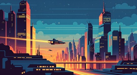 Futuristic Cityscape with Flying Vehicles at Dusk.