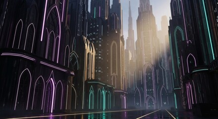 Futuristic Gothic Cityscape with Neon Lights.