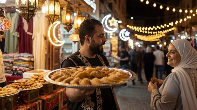 Man offering free traditional qatayef to people walking on the street while celebrating Ramadan in a vibrant night market