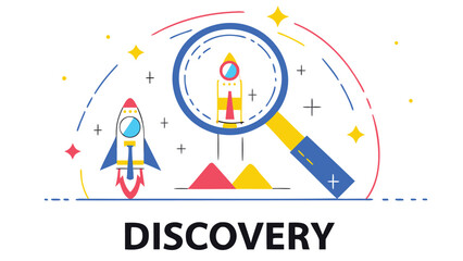 Vibrant illustration of a rocket ship under a magnifying glass with colorful geometric shapes and stars, symbolizing discovery and exploration in a futuristic style