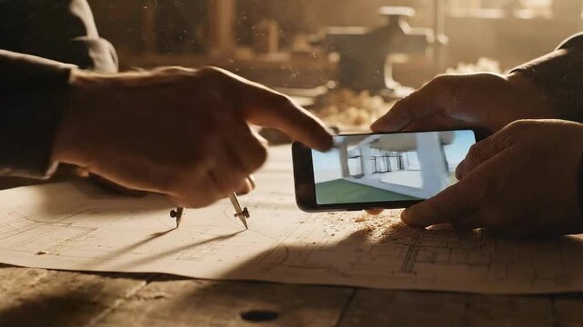 Architects collaborate on blueprints using digital tools and traditional methods.