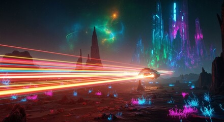 Futuristic Spacecraft Flying Through Neon Cityscape.