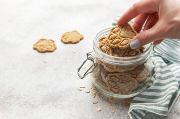 Naklejka premium Hand picking homemade paw print dog treats from jar