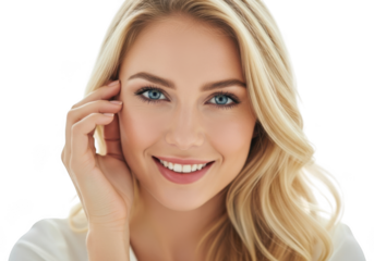Blonde woman smiling with hand on face isolated on transparent background