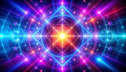 Geometric neon artwork featuring a central radiant light source