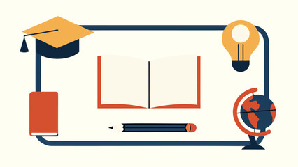 Education symbols and objects including graduation cap, book, globe, light bulb, and pencil in connected line on cream background for learning and knowledge concepts