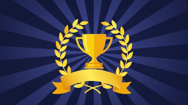 Golden trophy cup with laurel wreath and banner on a blue radial background, symbolizing victory and achievement.