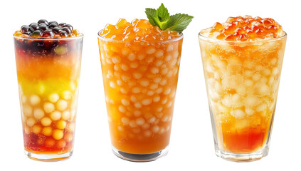 Orange bubble tea Filipino Sagot Gulaman filled with tapioca pearls and topped with mint, isolated on white background.