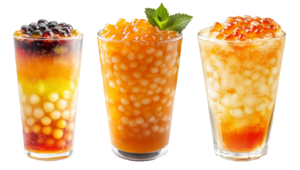 Orange bubble tea Filipino Sagot Gulaman filled with tapioca pearls and topped with mint, isolated on white background.