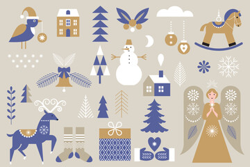 Scandinavian Christmas Vector Elements Set, Nordic Christmas Vector Illustrations and Holiday Elements