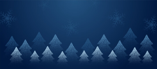 Blue Christmas background with halftone pine trees and snowflakes. Noise stippled texture