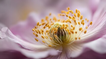 Obraz premium Extreme close up captures the intricate detail of golden stamens within a delicate light purple flower