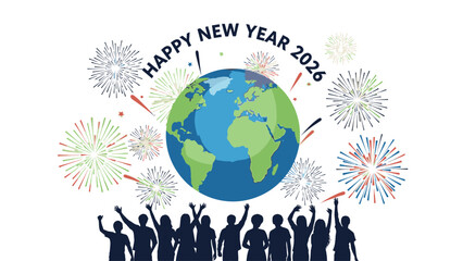 A colorful illustration of people celebrating with fireworks and a globe, with a Happy New Year 2026 message in a vibrant and festive atmosphere.