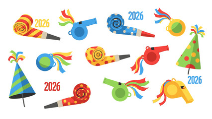 Obraz premium Colorful party horns and noisemakers arranged with a party hat and '2026' text on a white background, conveying a happy new year celebration theme.