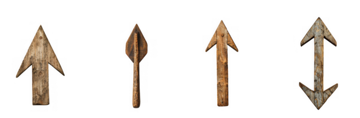 a collection of four rustic wooden arrows pointing in different directions offering versatile design elements on transparent background