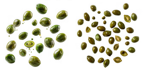 a dynamic scattering of green and brown pumpkin seeds suspended in mid air demonstrating energetic motion on transparent background
