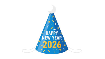 Fototapeta premium A blue Happy New Year 2026 party hat with white and orange confetti against a clean white background.