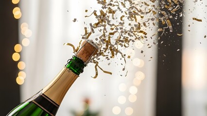 Champagne bottle cork popping with gold confetti and bokeh lights exploding