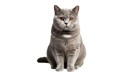Majestic British Shorthair cat with stunning orange eyes sits attentively isolated on a black background