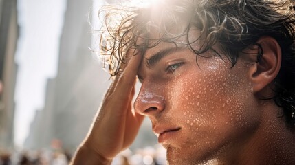 Close-up of a young man with sweat-covered skin against the bright sunlight in the city.