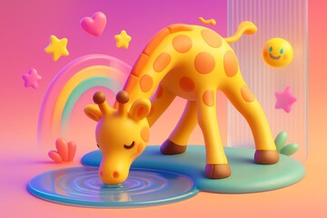Obraz premium Cute cartoon giraffe drinking water surrounded by colorful stars, rainbow, and heart shapes on vibrant gradient background in playful style. Ai generative