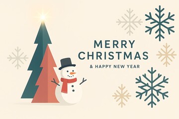 Merry Christmas & Happy New Year Background with Snowman, Geometric Trees and Snowflakes