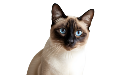 Close up portrait of a stunning purebred Siamese cat with intense bright blue eyes isolated on black