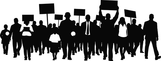 Silhouette of a protesting crowd with placards