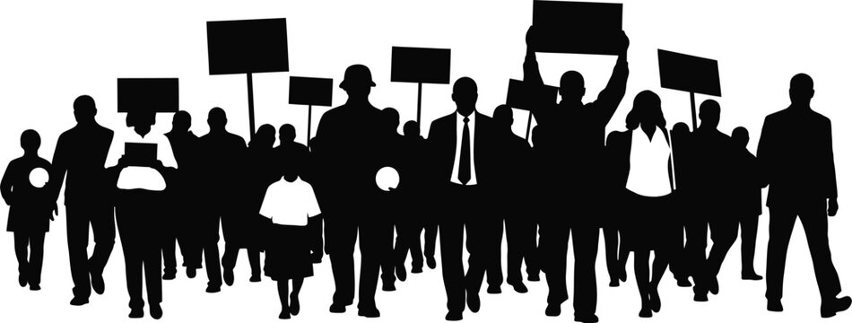 Silhouette of a protesting crowd with placards