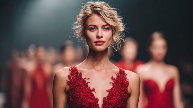 Elegant model in a red dress on the runway during a fashion show. - Powered by Adobe
