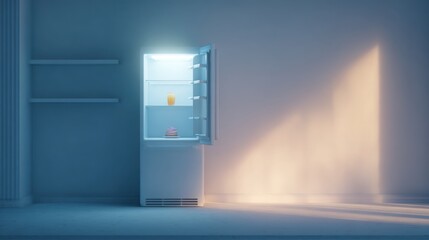 minimalistic symbolic scene, empty fridge with soft cool light, warm contrast from small dessert on shelf, clean geometry, emotional calm tension