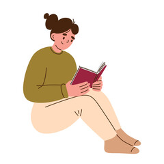 Flat cartoon vector illustration of woman sitting on floor or windowsill reading book, cozy home scene, calm thoughtful mood, lifestyle theme for reading, education and relaxing creative projects