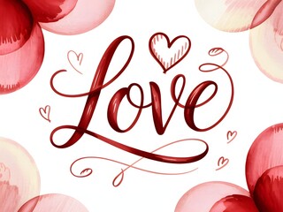 A beautiful watercolor illustration of the word "love" with hearts for valentine's day