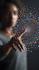 Fototapeta premium HR Data Specialist Interacting with Floating Holographic Diversity Equity Wheel Formed from Balanced Multi Color Nodes – Workforce Inclusion Analytics Vertical Image